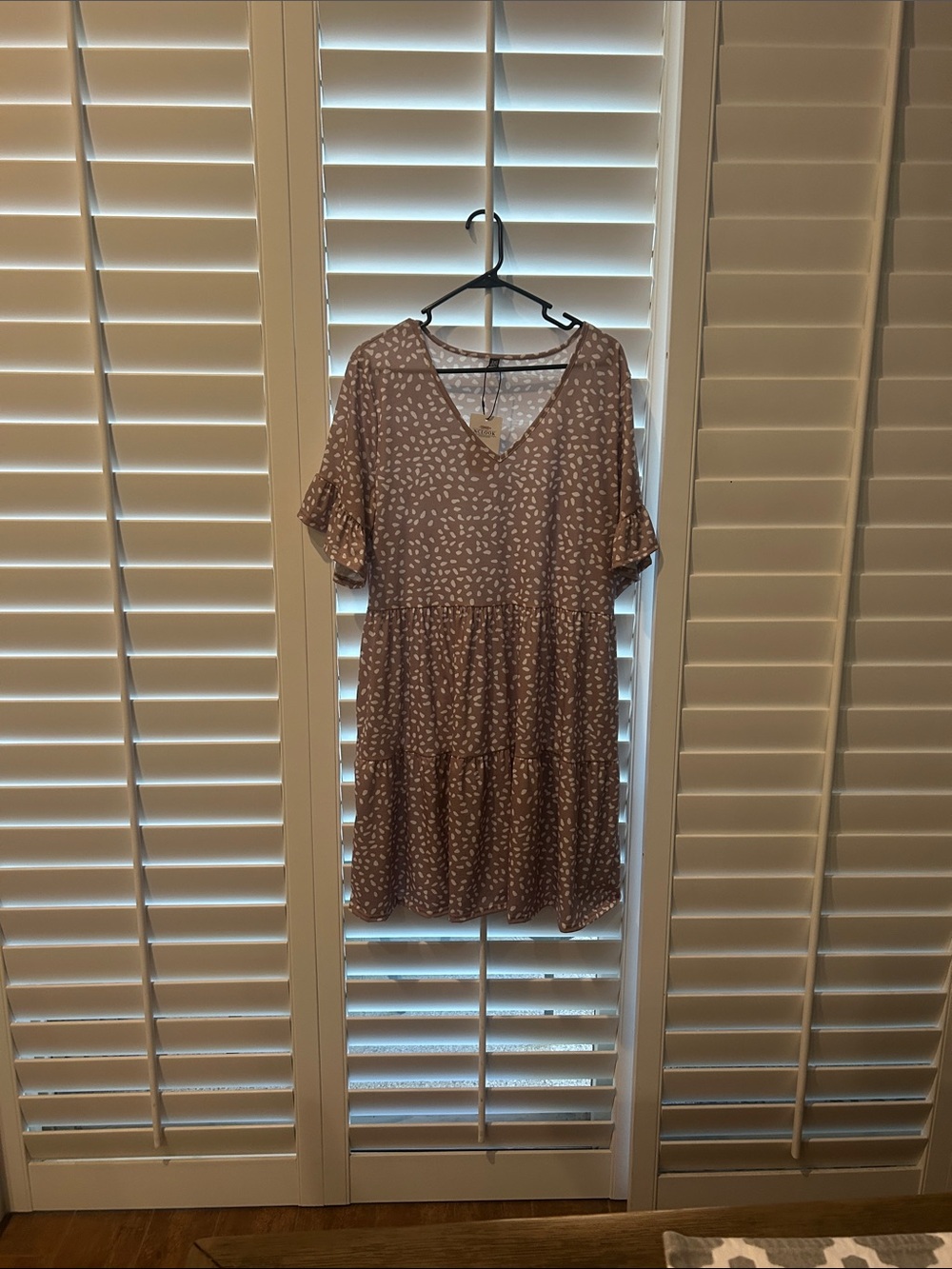 V-Neck Tiered Mini Dress in Tan with White Print